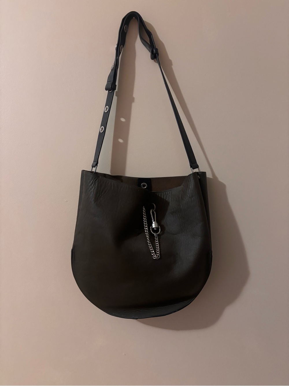 All Saints Olive Green + Black Leather Chain-Accent Shoulder Bag
